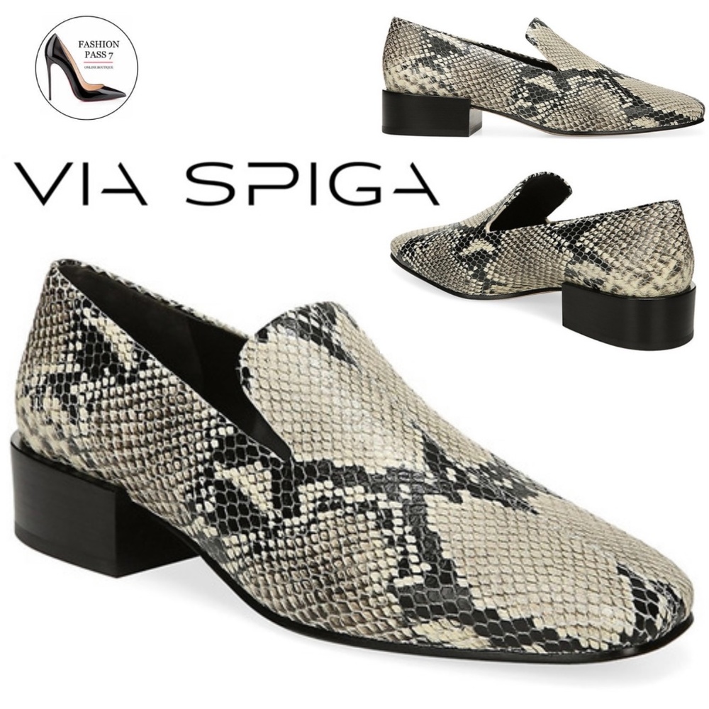 Via Spiga Baudelaire Square Toe Snakeskin Leather Loafers Block Heel Shoes 6.5